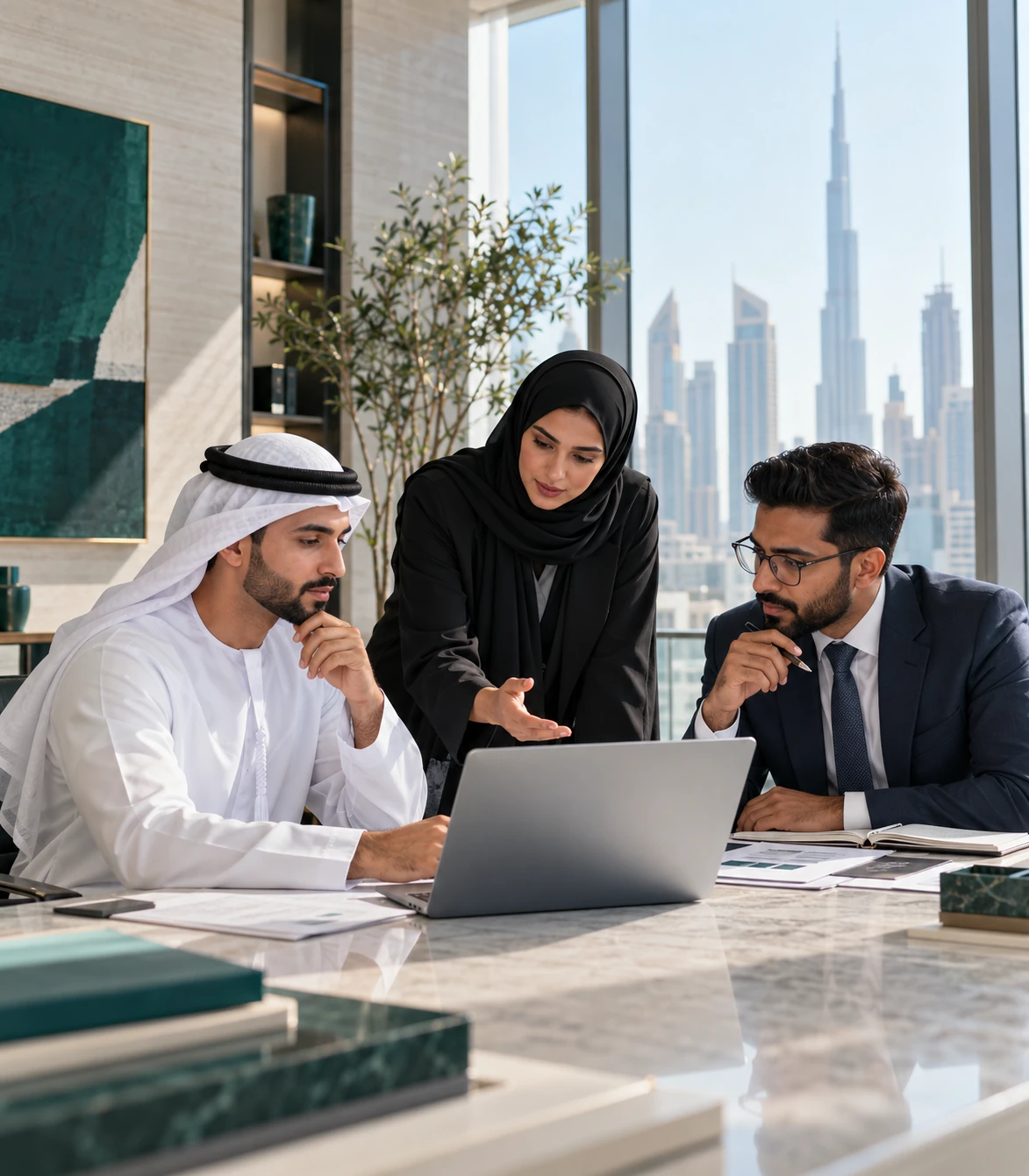 Hiring team collaborating in a contemporary Dubai workplace